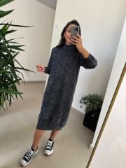 Dm 1213 Yıkamalı Yarım Balıkçı Antrasit Triko Elbise