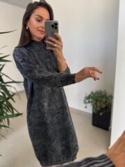 Dm 1213 Yıkamalı Yarım Balıkçı Antrasit Triko Elbise