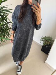 Dm 1213 Yıkamalı Yarım Balıkçı Antrasit Triko Elbise