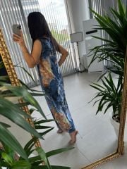 Ky İndigo Batik Desenli  Elbise