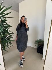 Dm 1213 Yıkamalı Yarım Balıkçı Antrasit Triko Elbise