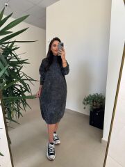 Dm 1213 Yıkamalı Yarım Balıkçı Antrasit Triko Elbise