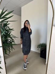 Dm 1213 Yıkamalı Yarım Balıkçı Antrasit Triko Elbise
