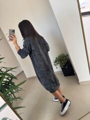 Dm 1213 Yıkamalı Yarım Balıkçı Antrasit Triko Elbise