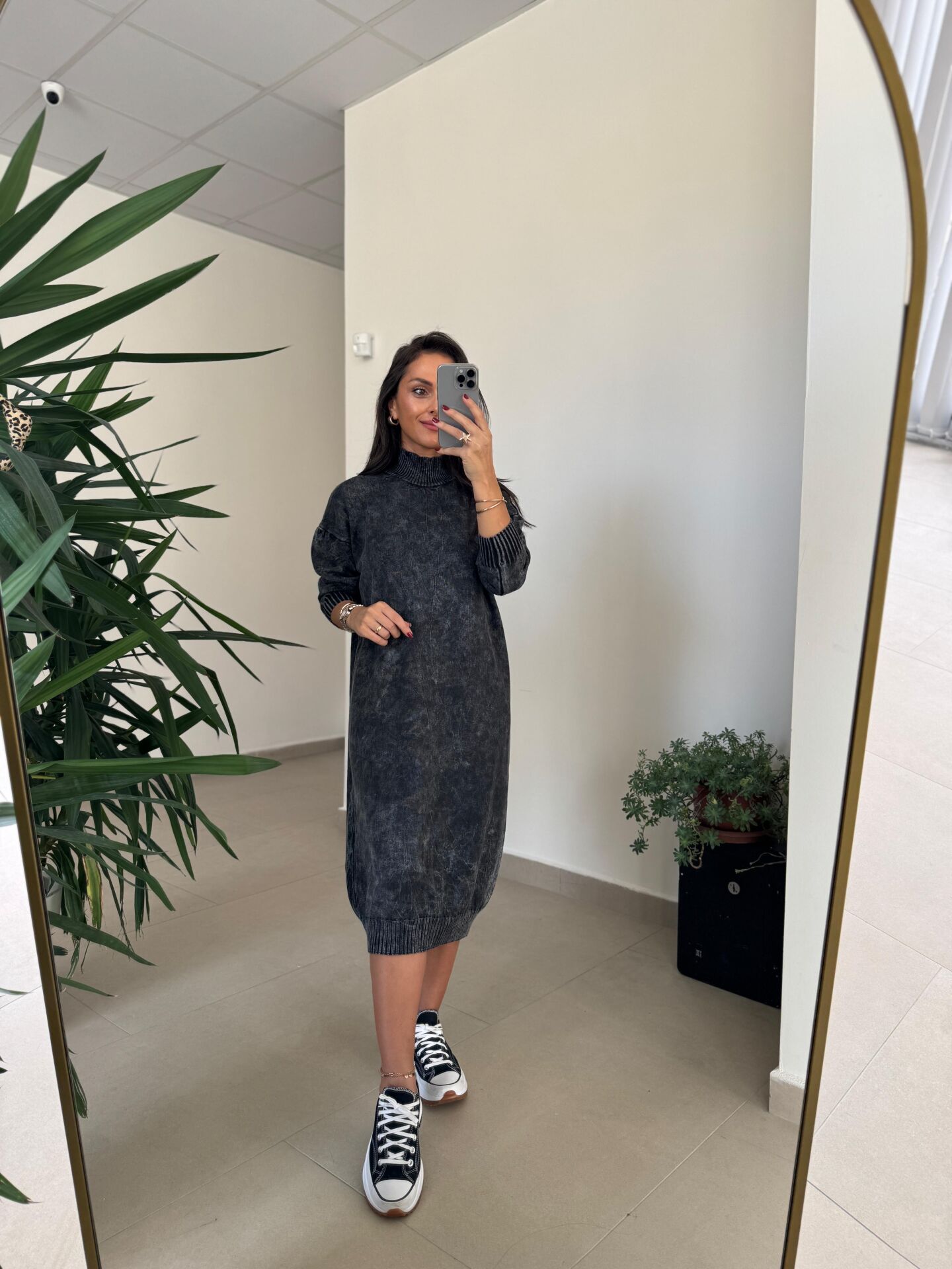 Dm 1213 Yıkamalı Yarım Balıkçı Antrasit Triko Elbise