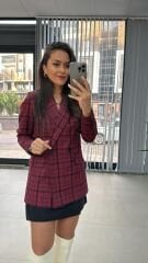 Foo Bordo Siyah Kareli Blazer Ceket
