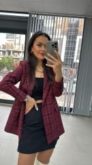 Foo Bordo Siyah Kareli Blazer Ceket