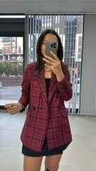 Foo Bordo Siyah Kareli Blazer Ceket
