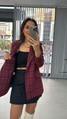 Foo Bordo Siyah Kareli Blazer Ceket