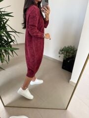 Dm 1213 Yıkamalı Yarım Balıkçı Bordo Triko Elbise
