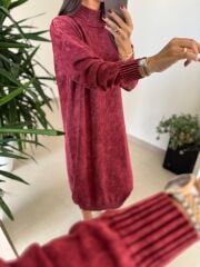 Dm 1213 Yıkamalı Yarım Balıkçı Bordo Triko Elbise