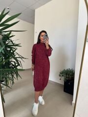 D&m 1213 Yıkamalı Yarım Balıkçı Bordo Triko Elbise