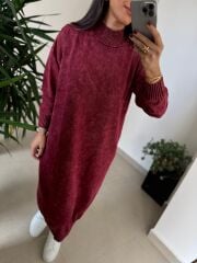 Dm 1213 Yıkamalı Yarım Balıkçı Bordo Triko Elbise