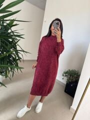Dm 1213 Yıkamalı Yarım Balıkçı Bordo Triko Elbise