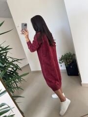 D&m 1213 Yıkamalı Yarım Balıkçı Bordo Triko Elbise