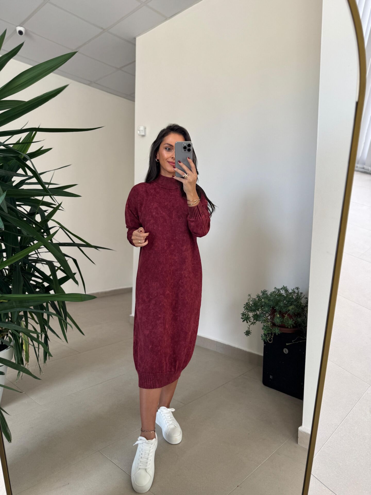 D&m 1213 Yıkamalı Yarım Balıkçı Bordo Triko Elbise