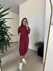 Dm 1213 Yıkamalı Yarım Balıkçı Bordo Triko Elbise