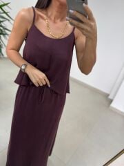 Fp 51165 Bordo Askılı Bluzlu Etek Takım