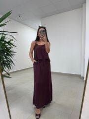 Fp 51165 Bordo Askılı Bluzlu Etek Takım