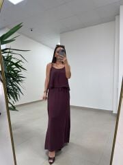 Fp 51165 Bordo Askılı Bluzlu Etek Takım