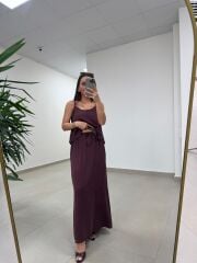 Fp 51165 Bordo Askılı Bluzlu Etek Takım