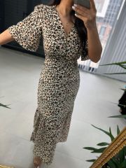 My 3109 Gold düğmeli taş viskon elbise