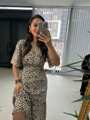 My 3109 Gold düğmeli taş viskon elbise