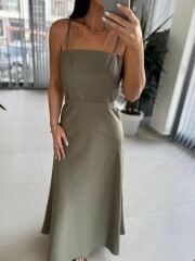 Fw 0454 Haki Askılı Keten Kuşaklı Elbise