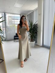 Fw 0454 Haki Askılı Keten Kuşaklı Elbise