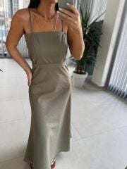 Fw 0454 Haki Askılı Keten Kuşaklı Elbise