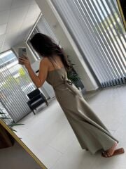 Fw 0454 Haki Askılı Keten Kuşaklı Elbise