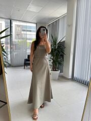 Fw 0454 Haki Askılı Keten Kuşaklı Elbise
