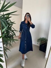 Spt 3246 Uzun Kol Laci Denim Elbise