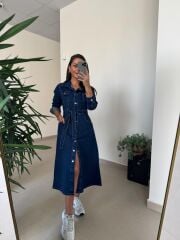 Spt 3246 Uzun Kol Laci Denim Elbise