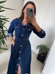 Spt 3246 Uzun Kol Laci Denim Elbise