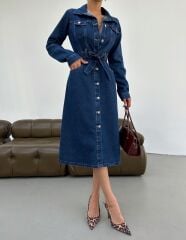 Spt 3246 Uzun Kol Laci Denim Elbise