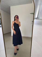 Ms 1633 Laci Denim Dikiş Detaylı Askılı Midi Elbise