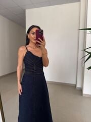 Ms 1633 Laci Denim Dikiş Detaylı Askılı Midi Elbise