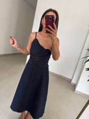 Ms 1633 Laci Denim Dikiş Detaylı Askılı Midi Elbise
