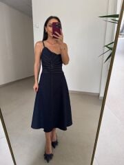 Ms 1633 Laci Denim Dikiş Detaylı Askılı Midi Elbise
