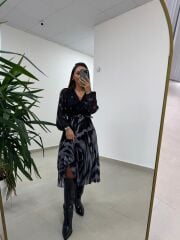 Mc 5090 Siyah Gri Plisoley Kruvaze Elbise