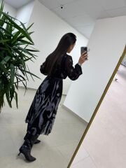 Mc 5090 Siyah Gri Plisoley Kruvaze Elbise