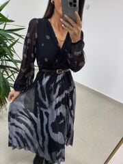 Mc 5090 Siyah Gri Plisoley Kruvaze Elbise