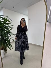 Mc 5090 Siyah Gri Plisoley Kruvaze Elbise