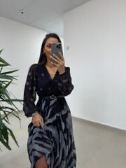 Mc 5090 Siyah Gri Plisoley Kruvaze Elbise