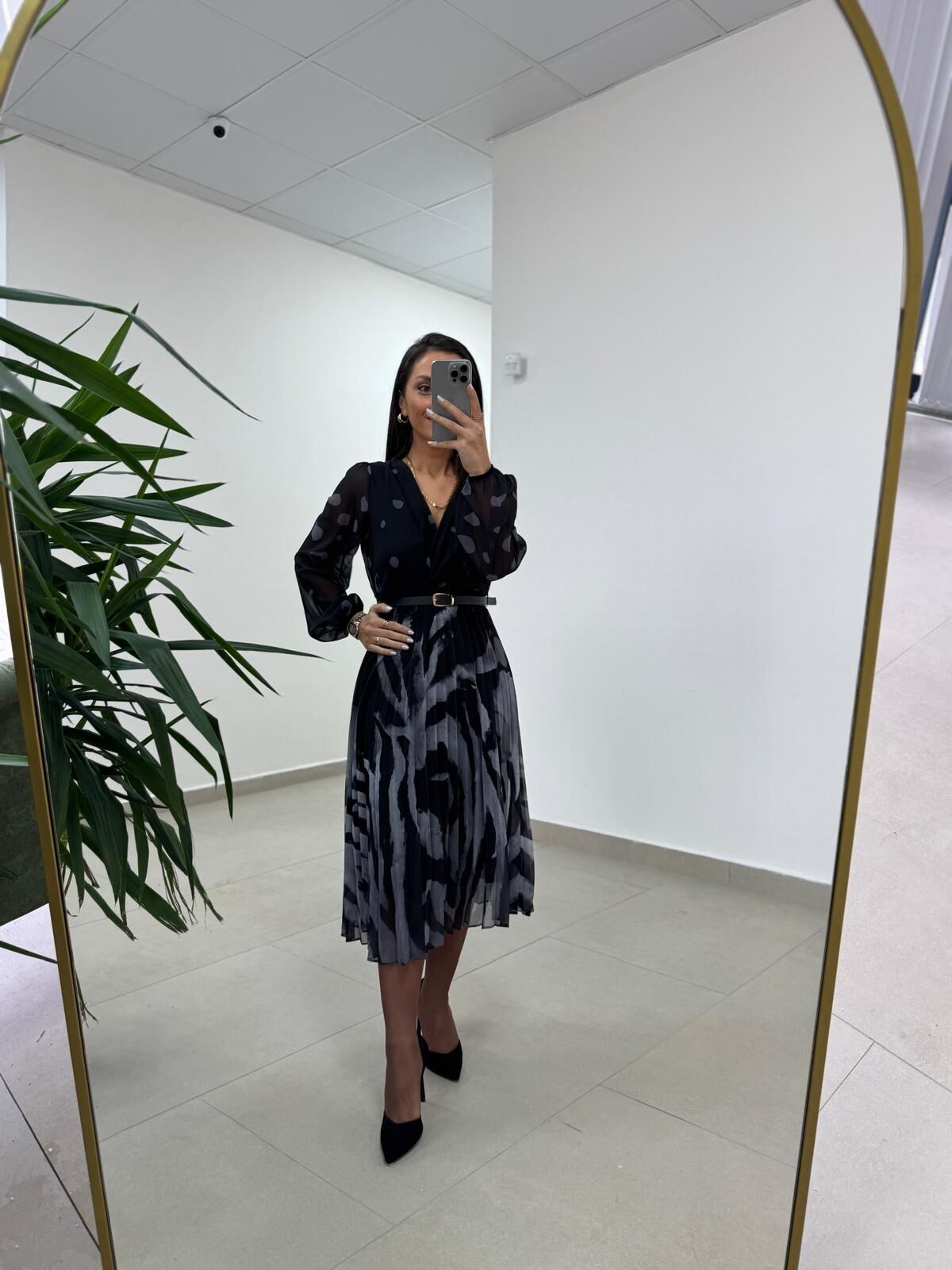 Mc 5090 Siyah Gri Plisoley Kruvaze Elbise