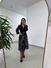 Mc 5090 Siyah Gri Plisoley Kruvaze Elbise