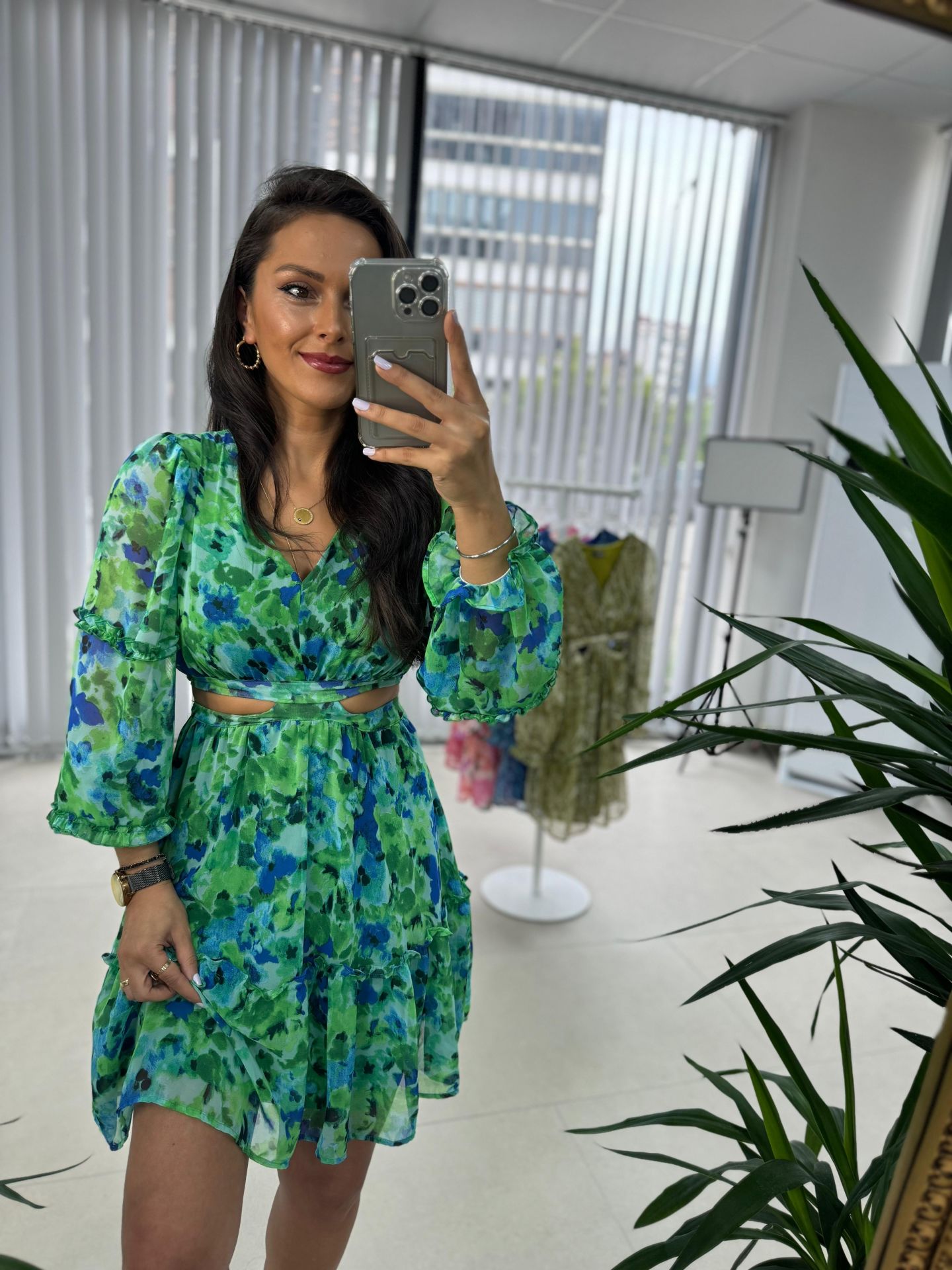 My 3256 Yeşil Saks Geçişli Tasarım Şifon Elbise