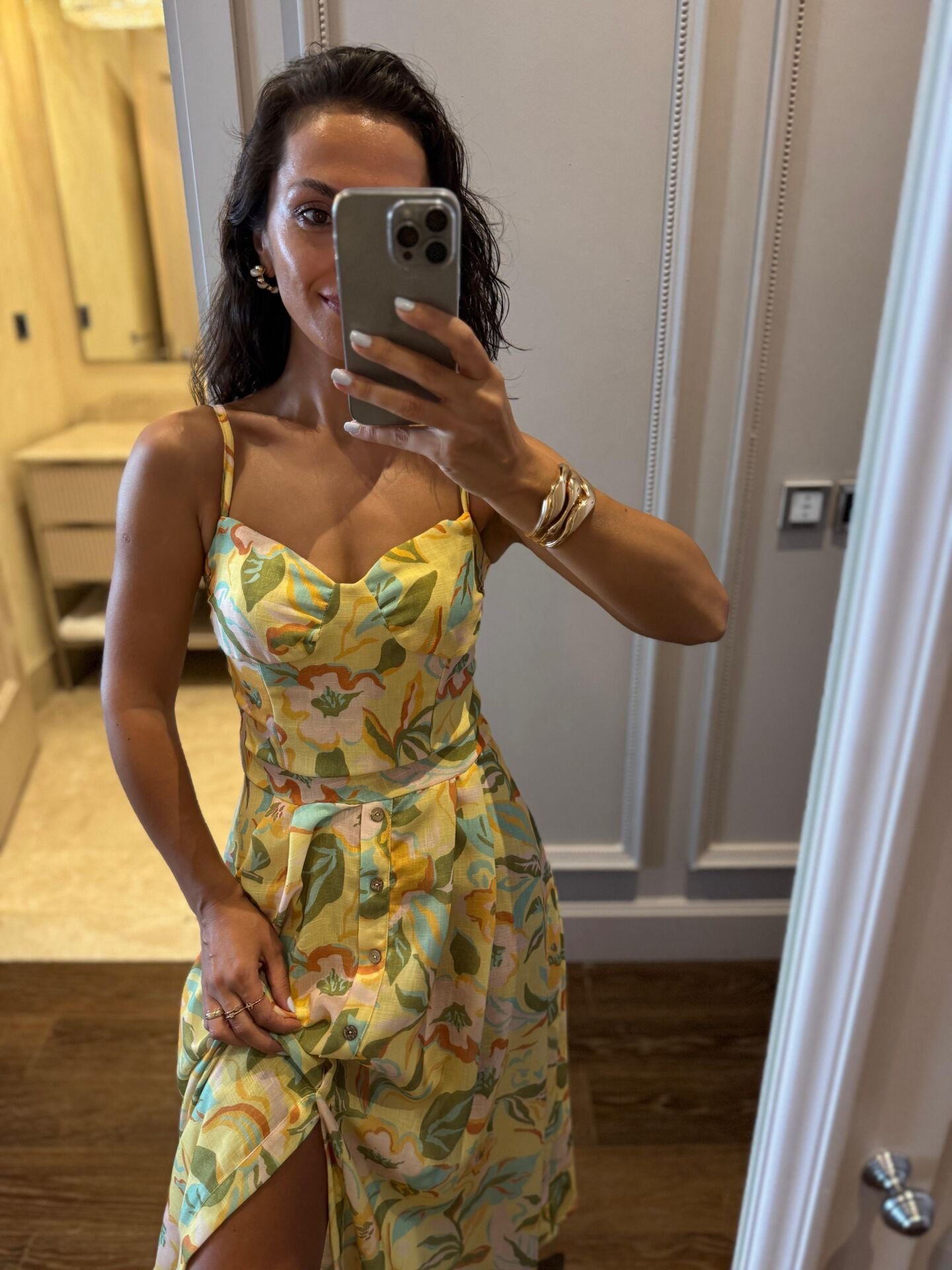 My 3786 Sarı-Haki Çiçekli Elbise