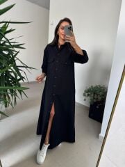 Dr 8549 Tasarım Siyah Denim Gömlek Elbise